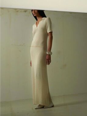 Kallmeyer Open Weave Ribbed Knit Polo Dress in Ivory Size S